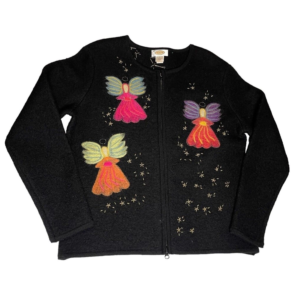 Rare Vintage Talbots Angels Theme Embroidered Cardigan Large Sweater 100% Wool